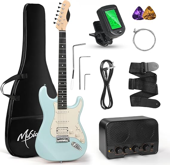 Musicool 39 Inch Electric Guitar Starter Kit– HSS Pickups Solid Body Electric Guitar Includes Amplifier, Bag, Digital Tuner, Strap, String, Cable, Picks, Beginner Gift （Olympic Blue）