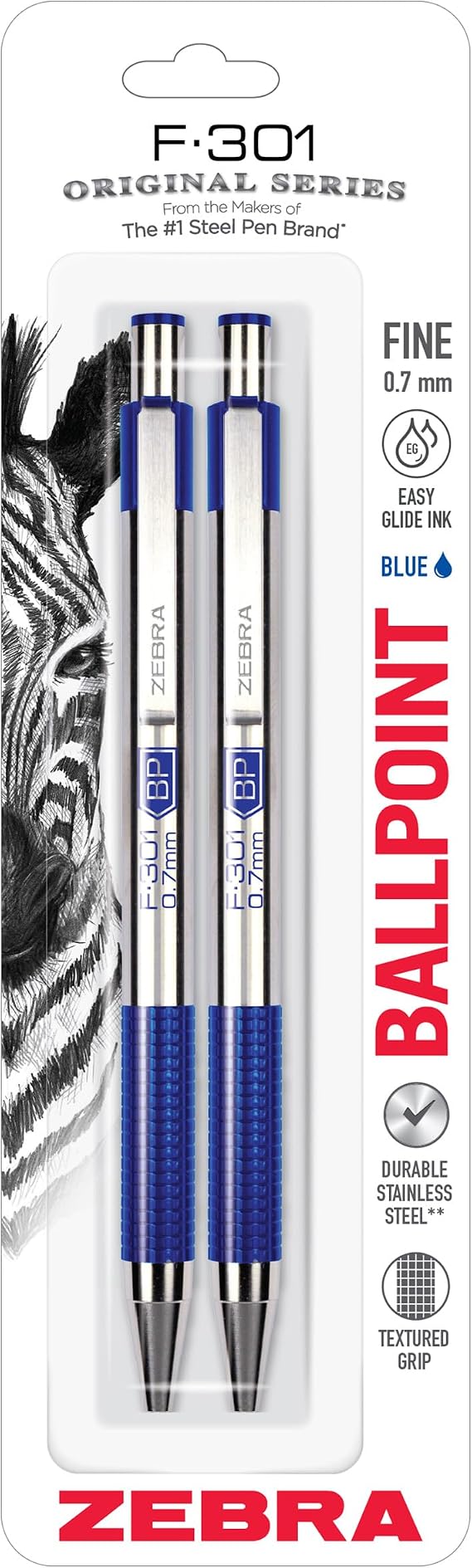 Zebra Pen F-301 STEEL Retractable Ballpoint Pen, Blue Ink, 0.7mm, 2-Pack