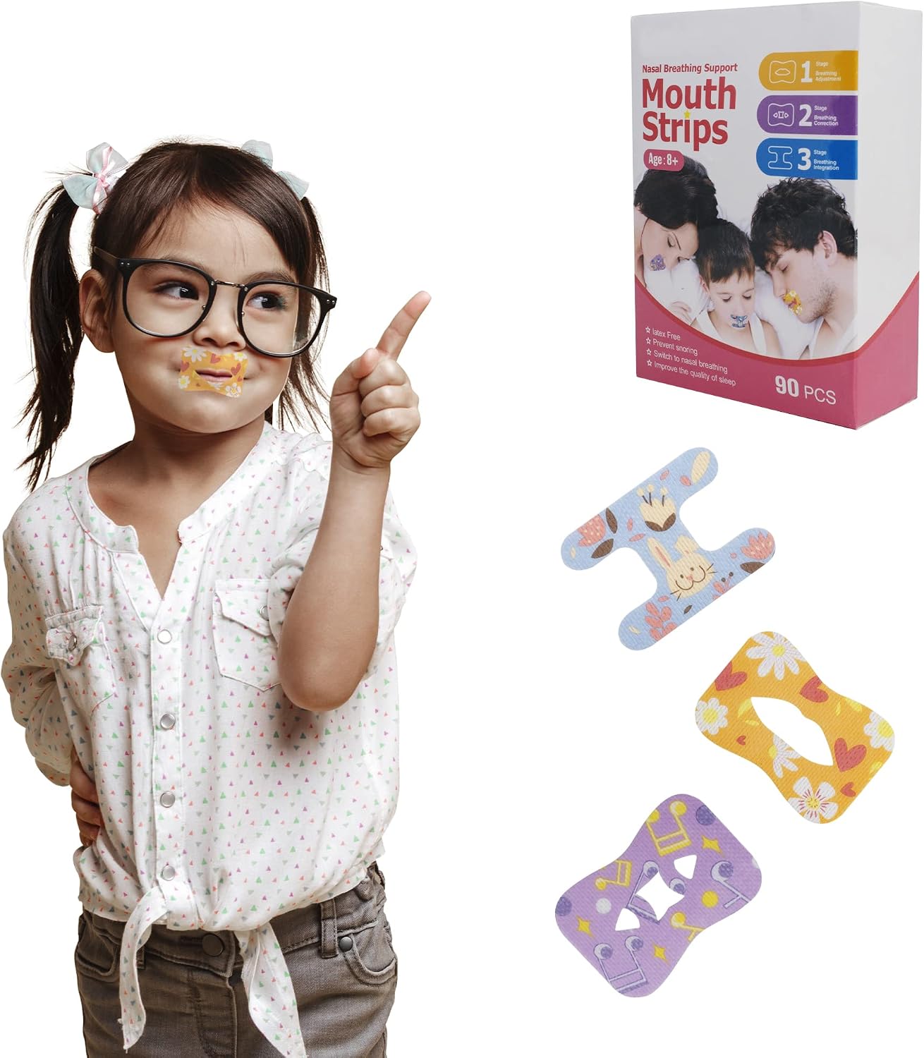 PUREVACY Kids Sleep Strips Mouth Tape 3 Stages, Pack of 90 Mouth Strips for Sleeping, Gently Removable Sleep Mouth Tape for Snoring, Soft Cotton Mouth Taping Strips, Non-Irritating Lip Tape for Sleep