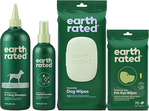 Earth Rated Short Coat Essentials - Dog Shampoo, Grooming Wipes, Refresh Mist & Eye Wipes