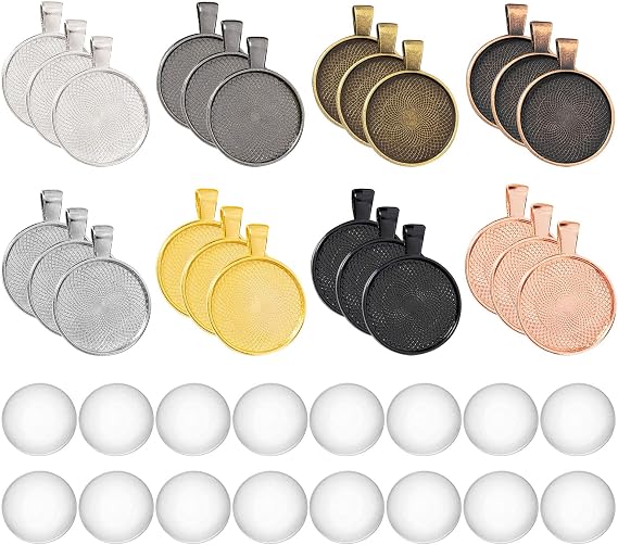 80PCS 25mm Round Blank Tray Sets, Clear Glass Cabochons Domes, 8 Colors, Bezel Trays for Jewelry Making, Resin Photo Pendants (0.98inch)