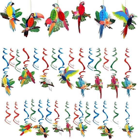 36 pcs Tropical Birds Honeycomb Cutouts, BOSOIRSOU Hanging Parrot Paper Cutouts Hawaiian Summer Beach Luau Party Decorations Safari Classroom Decoration Rainforest Jungle Decoration