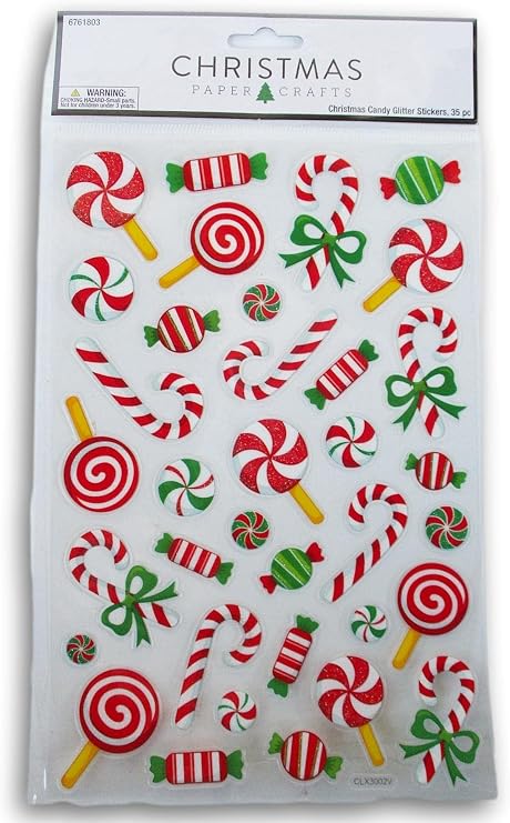 Peppermint Candy Cane Stickers - Glitter Adhesive Candy Decals for Crafts & Scrapbooks - 35 Pieces
