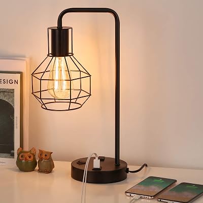 HAITRAL USB Modern Table Lamp with Outlet, Industrial Farmhouse Bedside Desk Lamp for Bedroom, Office, Living Room, Black Without Bulb