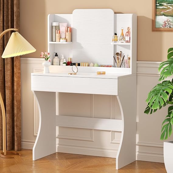 White Small Makeup Vanity Desk with Multi-Layer Storage