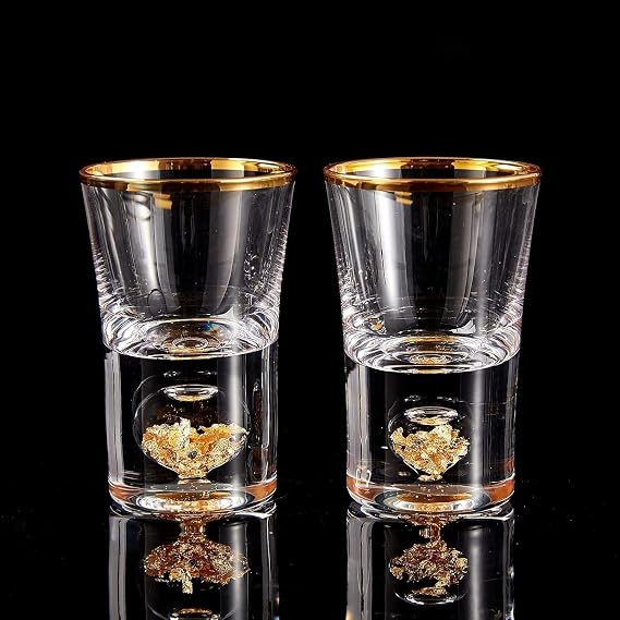 DUJUST Shot Glasses 4cl Crystal Glasses Decorated with 24K Gold Leaf Flakes Cool & Cute Shot Glasses BPA Free and Lead Free Room Decor - Pack of 2