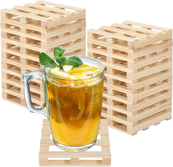 18 PCS Mini Wooden Pallets, Natural Wood Pallet Coaster Set, 4 Inch Rustic Square Drink Coasters, Unfinished DIY Wood Coasters for Hot and Cold Beverages, Coffee Mug Tray for Tabletop Protection