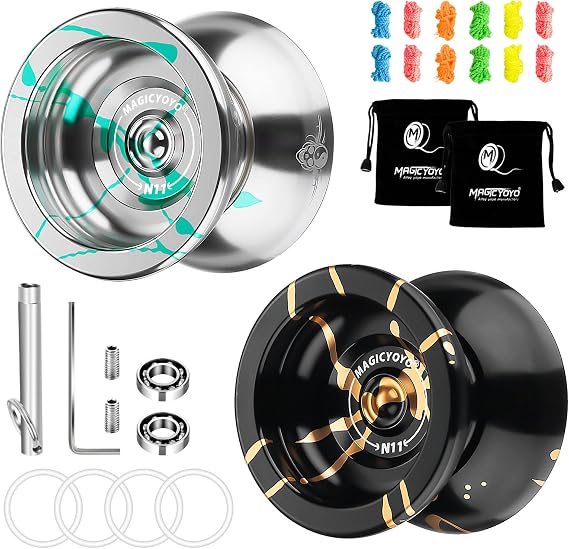 MAGICYOYO N11 Professional Unresponsive Alloy Aluminum YoYo Ball with 2 Bags + 12 Strings, Responsive Bearings Kit (Silver Green + Black Golden)