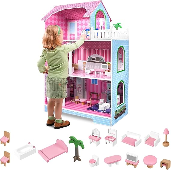 HENGMEI Dollhouse Children's Wooden Dollhouse Set Girls Play Set 3 Levels House with Furniture and Accessories 70 x 30 x 100 cm Dollhouses for Children (Type B)