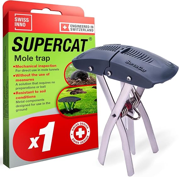 SWISSINNO Mole Trap SuperCat Bi-Directional Tunnel Catch Above-Ground Trigger Indicator Easy-Set Clamp-Style Mechanism Reusable Outdoor Mole Catcher for Lawn & Garden Swiss Engineering
