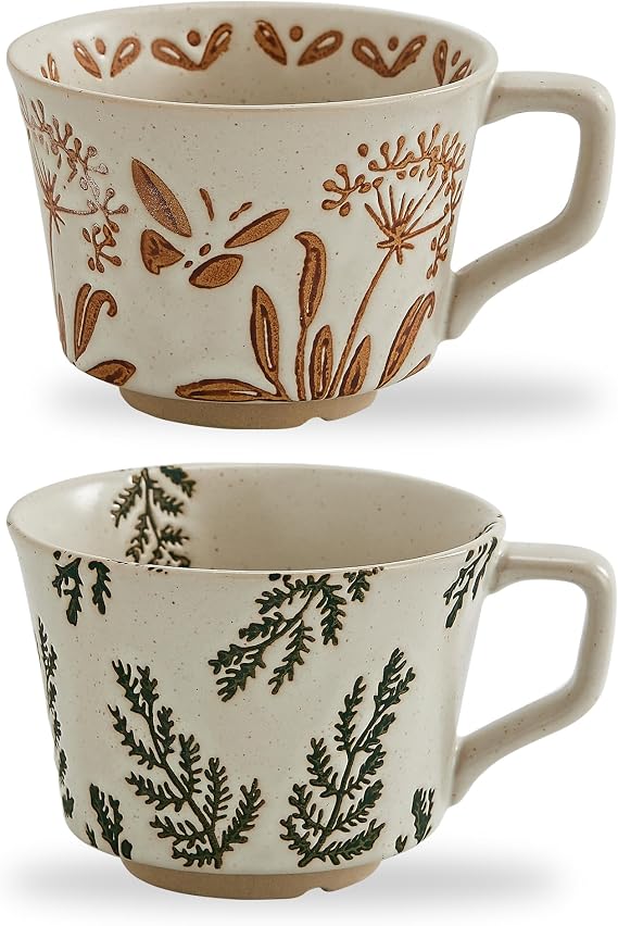 350 ml Vintage Ceramic Coffee Cups – Handmade Stoneware Mugs, Big and Stackable for Large Lattes and Camping Coffee, Featuring Plants Designs (Set of 2)