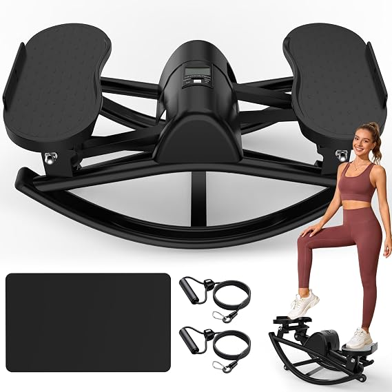 Rock Lateral Stepper Machine for Home Workout with Resistance Bands, LCD Monitor, Adjustable Height, Low Impact Cardio, Glute Toner, Includes Anti-Slip Mat, Quiet Rocking Motion