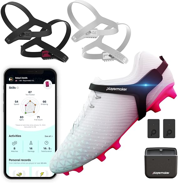 Playermaker 2.0 Soccer Tracker Kit Large + White Medium Straps, Smart Soccer Tracker for Cleats, Track 25+ Technical & Physical Metrics, Advanced Than GPS