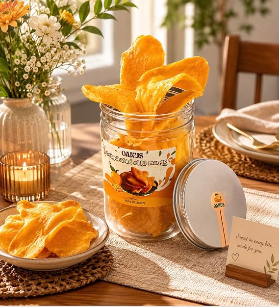 Dried/Dehydrated mango slices with chili and salt - Premium hand-sorted, soft, delicious mango 12.35oz/350g jar.