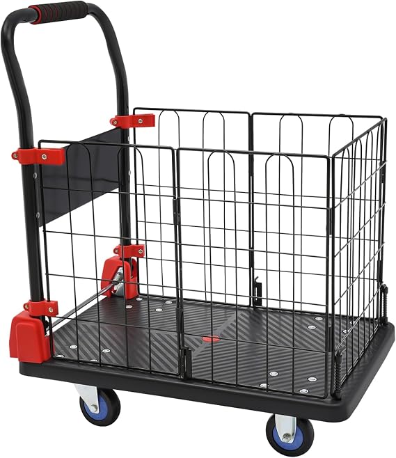 Platform Truck Cart with Cage 2-in-1 Convertible Folding Hand Truck Flatbed Fence Truck with 4 Inch Wheels for Moving, Warehouse, Home Use (330lbs)