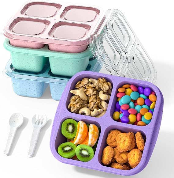 Atıştırmalık Kapları (4'lü Paket), 4 Bölmeli Yemek Hazırlama Kapları Yeniden Kullanılabilir, Çocuklar ve Yetişkinler için Atıştırmalık Kutusu Konteyner, Okul, İş, Seyahat için Gıda Saklama