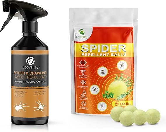 EcoValley Natural Humane Spider Repellent Spray Pet Safe Spider Stopper & 5 Spider Repellent Balls Kit/Bundle for Home or Garden Deterrent 500ml