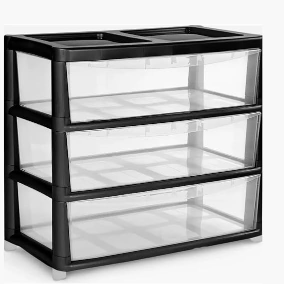 Jumbo Chest 3 Drawers Storage Unit, Plastic Drawers Home Office Closet Bedroom Dorm, Modular Storage Tower Cabinet Nursery School Storage Solution (Black/Clear, 3 Drawers Jumbo)