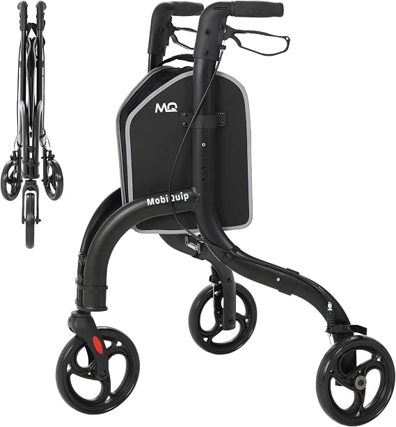 MobiQuip Ultra Light 3 Wheeled Walker, 4.6kg - Black Aluminium Walking Aid with Large Wheels, Adjustable Height & Removable Bag - Stylish, Ergonomic & Comfortable Mobility Walker