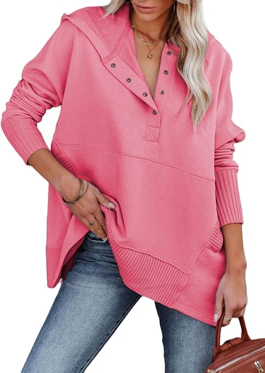 DMOYALA Oversized Sweatshirt for Women Fall Trendy Button Up Hooded Tops Causal Long Sleeve V Neck Hoodies with Pocket