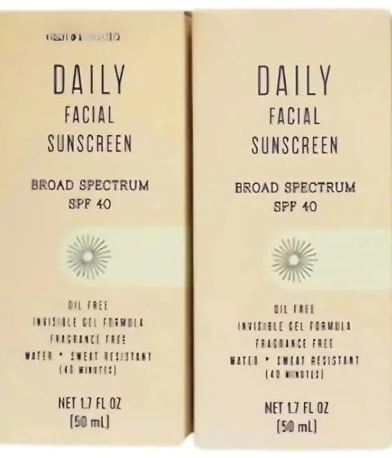 Daily Facial Sunscreen Broad Spectrum SPF40, oil free invisible, gel formula, fragrance free, water + Sweat Resistance (2 Pack)