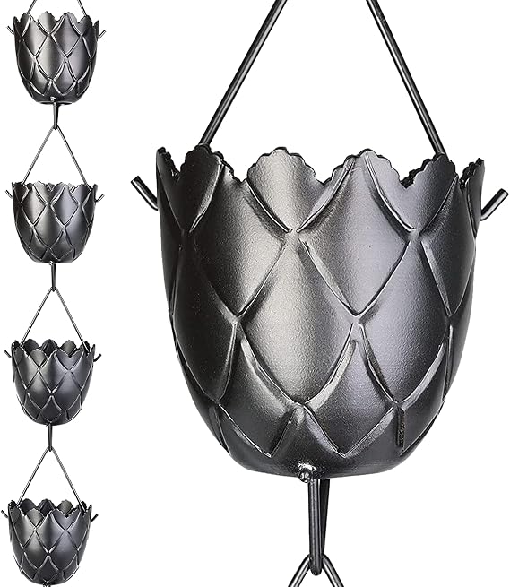 RainChains Pacific Fluted Scalloped Rain Chain 8.5ft Black Aluminum Rain Chain for Heavy Rain Premium Decorative Gutters.