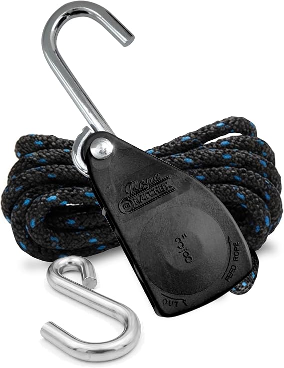Rope Ratchet 3/8" Tie Down, 250 lb Capacity Block & Tackle Pulley System with Hooks, Adjustable Hanger for Kayaks, Canopies, Tents, 8' Braided Polypropylene Rope, Ideal for Roof Rack, Canoe Tie Downs
