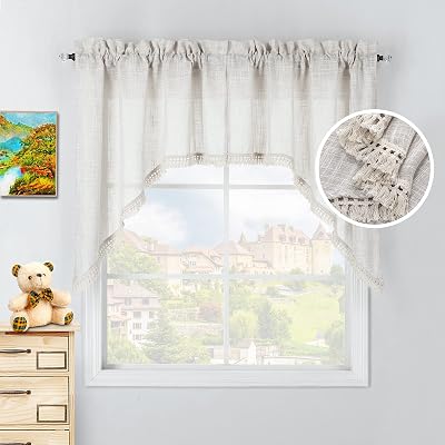 Beda Home Tassel Linen Textured Swag Valances for Farmhouses Kitchen; Light Filtering Rustic Short Swag Topper for Small Windows Bedroom Privacy Added Rod Pocket Design, Nature, 36 x36 inch, 1 Pair