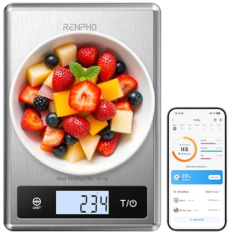 RENPHO Akıllı Gıda Mutfak Terazisi, Beslenme Hesaplayıcılı Gıda Ağırlık Ölçeği, Dijital Gıda Ölçeği Gram ve Kilo Kaybı, Kalori, Makro ve Pişirme için Ons, Paslanmaz Çelik