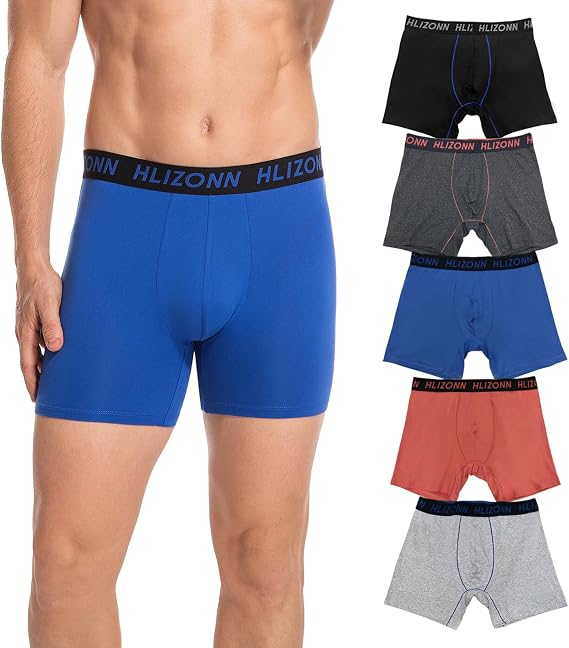 Hlizonn Men's Boxer Briefs 5-Pack, Ultra Soft, Moisture Wicking & Breathable Underwear with Comfort Pouch, Stretch Fit