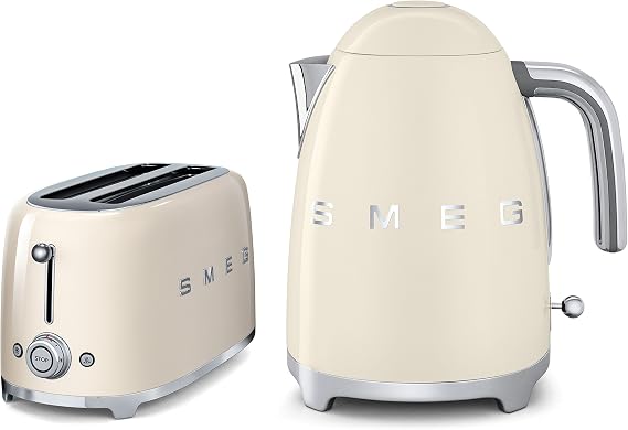 Smeg TSF02CRUK KLF01CRUK | 50s Retro Style 4 Slice Toaster & Kettle Set in Cream