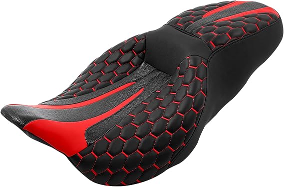 C.C. RIDER Leather Rider Passenger Seat Red Hexagon Stitching Extended Reach fit for Harley Davidson Touring Road King Street Glide Road Glide Electra Glide CVO 2009-2023