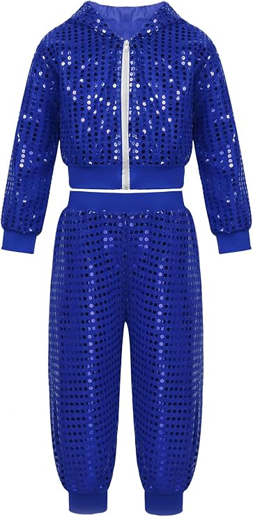 JEATHA Kids Boys Girls Sparkly Sequins Long Sleeve Hip Hop Latin Jazz Street Dance Costumes Hooded Jacket Pants Set