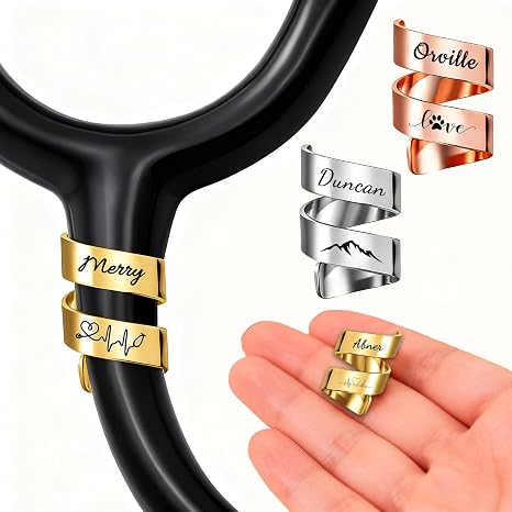 Personalised Stethoscope Name Tag - Engraved ID Stethoscope Charms - Accessories Nurses Week Gift for Nurse, Doctor, Medical Assistant, Students (Double Ring)