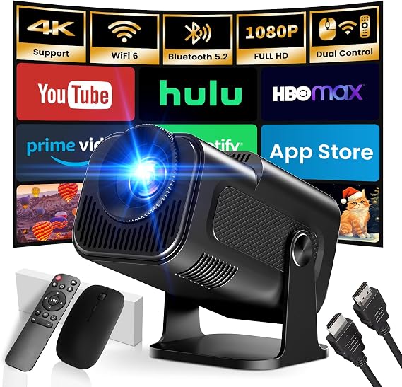 Gaimoo Mini Projeksiyon, 4K FHD 1920x1080P, 180° Döndürülebilir, Taşınabilir, WiFi 6 ve BT 5.2, Android ve iOS, Fare ve Uzak Kumanda, Siyah