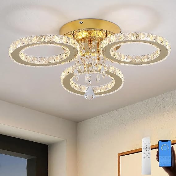 VETRULUS Modern Crystal LED Chandelier Gold Flush Mount Ceiling Light Fixture 3-Ring Dimmable for Bedroom, Dining Room, Hallway [Energy Class E]