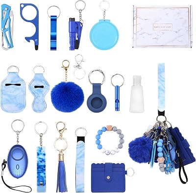 Safety Keychain Set for Women, with Personal Alarms, Bottle Opener, Pom Pom, Mirror, Whistle, Bead String, Card Bag