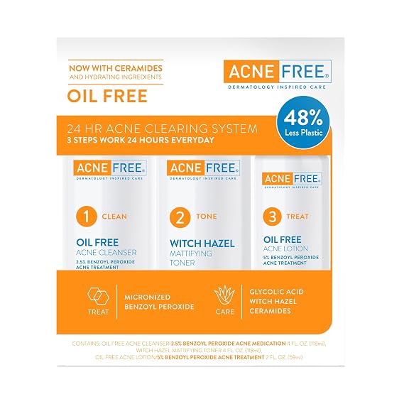 Acne Free 3 Step 24 Hour Acne Treatment Kit - Clearing System W Oil Free Acne Cleanser, Witch Hazel Toner, Oil Free Acne Lotion - Acne Solution W/ Benzoyl Peroxide for Teens and Adults - Original