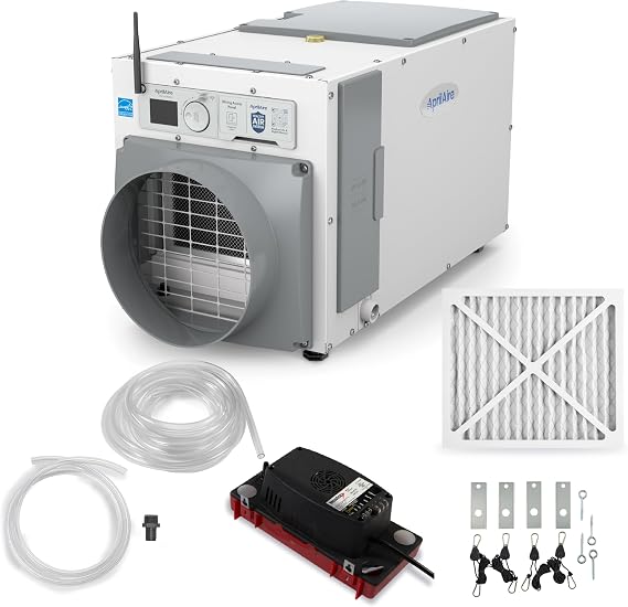 AprilAire E080W Smart Wi-Fi Whole-House Dehumidifier, 80-Pint Energy Star Commercial Dehumidifier for Basement, Crawl Space & Home up to 4,400 Sq.Ft. with Pump, Drain Hose, Hanging Kit, MERV 11 Filter
