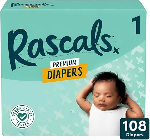 Rascals Premium Diapers, Size 1, 108 Count, 1 Pack.