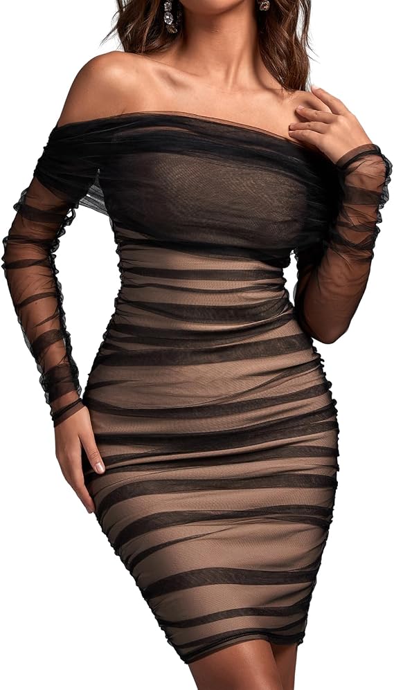 BELLA BARNETT Sexy Ruched Bodycon Dress Guest Long Sleeve Midi Dress Classy Dress for Wedding Fashion Off Shoulder Dress