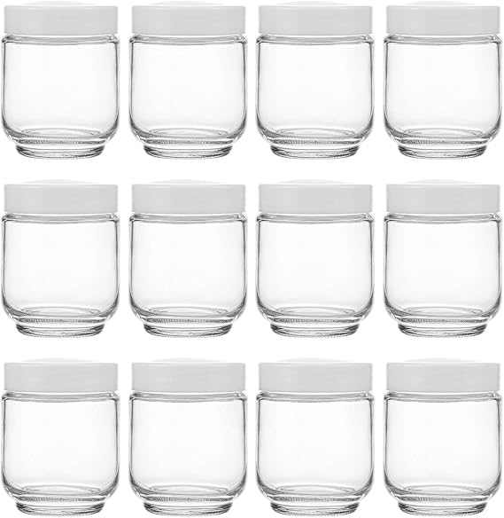 Hedume 12 Pack 6oz Clear Glass Jars with White Lids for Spices, Party Favors, Jams etc.