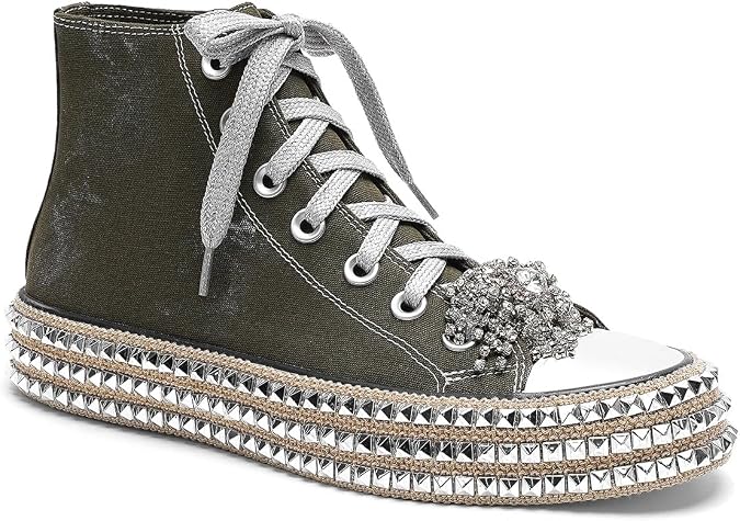 Womens High-Top Canvas Sneakers Studded Rhinestone Side Shoes Lace Up Fashion Shoes Casual Platform Ankle Boots