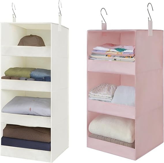 GRANNY SAYS Bundle of 1-Pack Beige 4 Shelf Hanging Closet Shelves & 1-Pack Pink 3 Shelf Hanging Closet Organizr