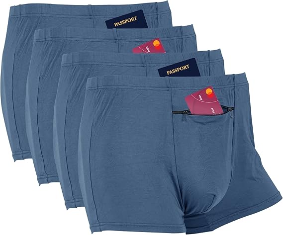 LUEXBOX Pocket Underwear for Men with Secret Hidden Pocket, Travel Boxer Briefs, 4 Packs (Blue)