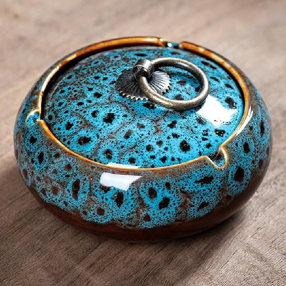 Handmade Ceramic Ashtray with Lids, Windproof Ashtray Smokeless for Indoor or Outdoor, Ash Holder for Patio Desktop Office Smokers, Ash Tray for Tabletop Home Office Decor (Mix Blue, M-Size)