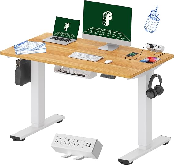 FLEXISPOT EN2 48"x24" Standing Desk with Power Strip Bundle, Maple | One-Piece Desktop, Easy-Access Clamp Power Strip Bundle, Organized Cable Management, Modern Home Office Setup