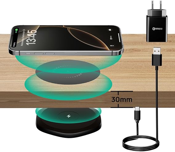 KPON Invisible Wireless Charger Invisible Wireless 30 mm Hidden Under the Table Inductive Charger for iPhone 16/15/14/13/12/11/Pro/Mini/Max/Xs Samsung S24/S23/S22/S21/S20/S10/S9/S8