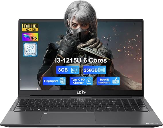 NIMO 15.6" IPS FHD-Student-Laptop, Intel 6 Cores I3-1215U 8GB RAM 256GB SSD (Beats i5-1135G7, Up to 4.4GHz) Computer with 65W Type C Backlit Keyboard Fingerprint, for Home and Business, Gray