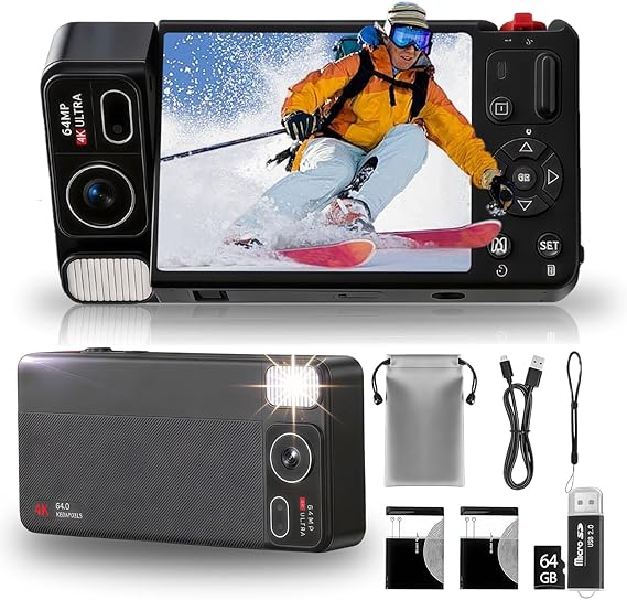 Digital Camera 270°Flip Screen, 4K 64MP Digital Compact Camera with 64GB card, 18X Zoom/Vlog Video Camera/Anti-shake/Flash, 2 Batteries+Card reader+Storage Bag for Beginner Teens Adults YouTube
